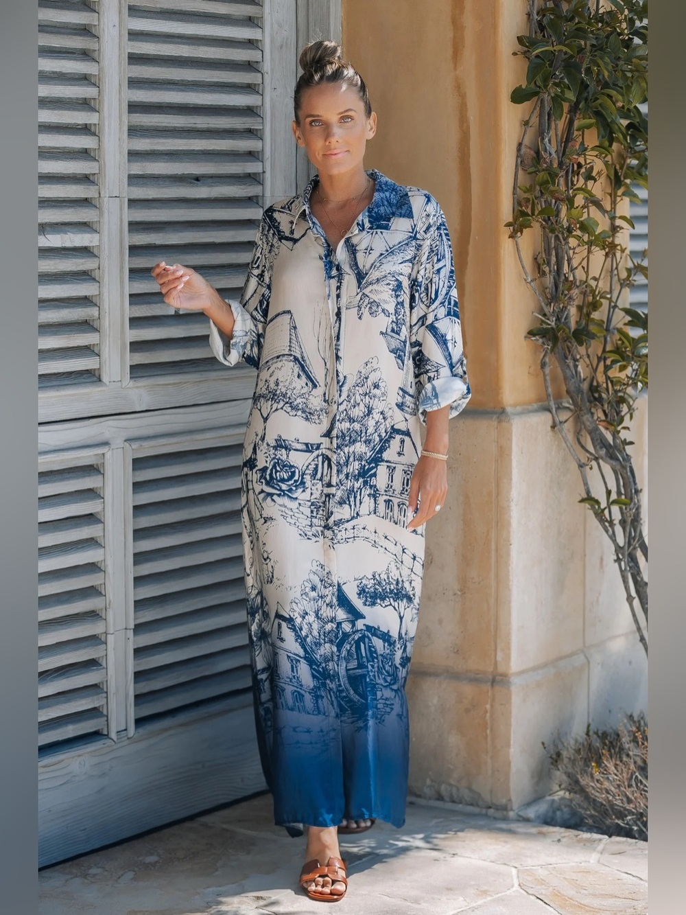 NWT Navy and White Printed Maxi Shirt Dress | Chic Vacation Dress - Picture 2 of 5